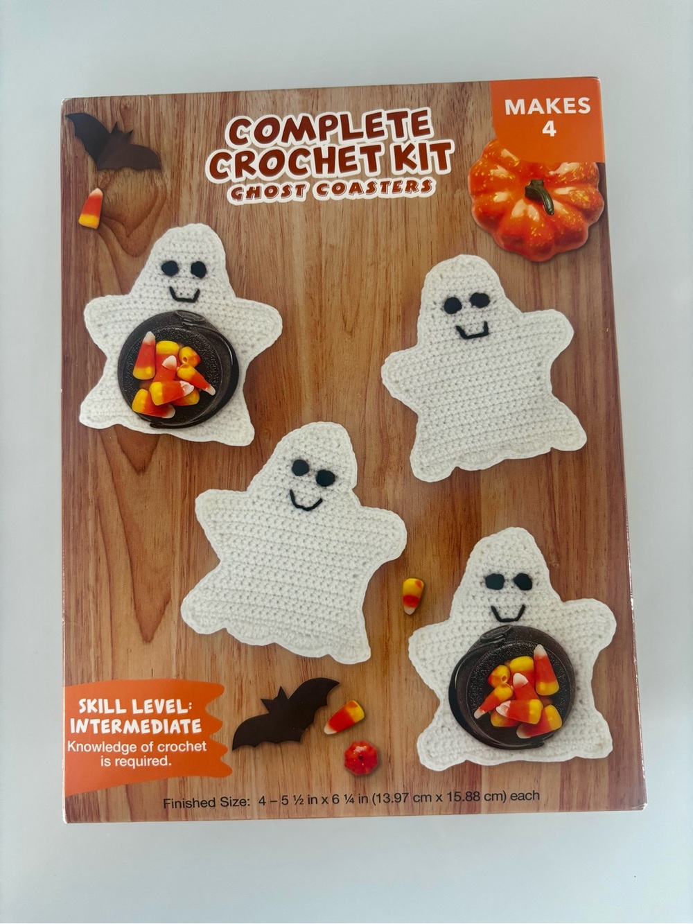 Needle Creations Complete Crochet Kit - White Ghost Coasters (Makes 4). NEW
